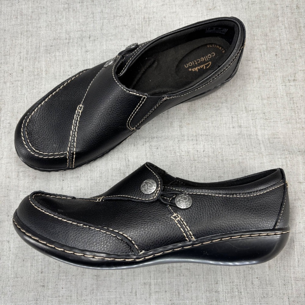Clarks Collection Ashland Black Leather Slip On Loafer Shoes Womens 8 Wide